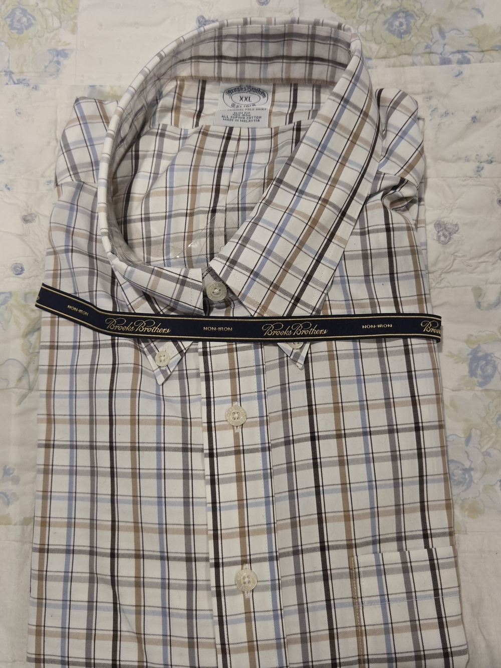 Brooks Brothers White Plaid Dress Shirt with Brown and Blue Stripes